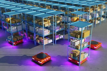 Warehouse with robots. Robotization of fulfillment processes. AGV robots move boxes. Interior of robotic warehouse. Orange robots drive around inside vault. Warehouse with AMR. 3d image