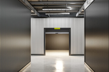 Interior of industrial building. Enterprise corridors with gray walls. Industrial premises for...