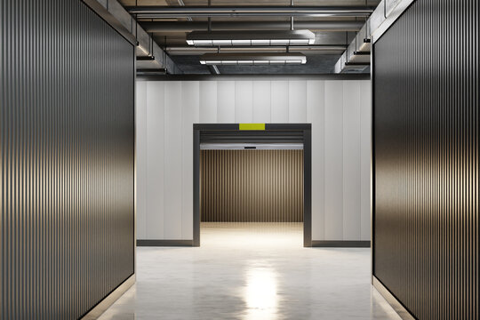 Interior of industrial building. Enterprise corridors with gray walls. Industrial premises for factory or plant. Interior of enterprise without anyone. Visualization storage building. 3d image