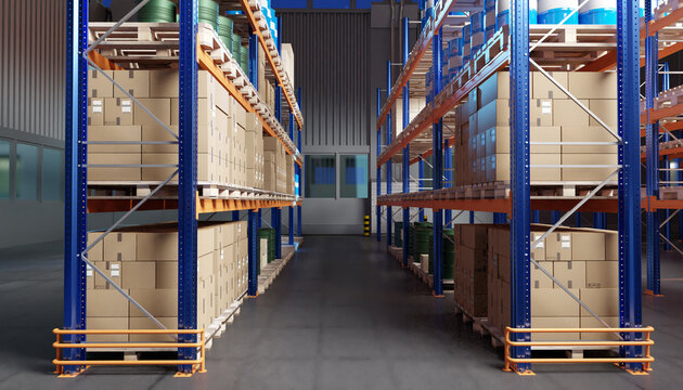 Warehouse of courier company. Interior storage. With high shelves. Warehouse of courier company without anyone. Multi-tier shelves with pallets. Courier warehouse with parcels and barrels. 3d image