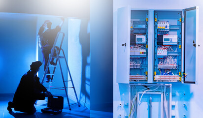 Men electrician near stepladder. Power panel with wires and circuit breakers. Electricians are engaged in electrification building. Repair of power panel. Electrical cabinet near working electricians - obrazy, fototapety, plakaty