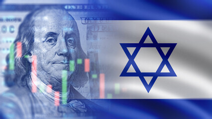 Economy of Israel. Jewish flag near Franklin. Israeli financial market. Economic recession....