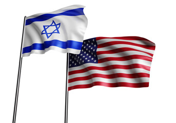 Flags of USA and Israel. Political symbols on flagpoles. Israeli flag flutters in wind. United states of America banner. Israel and USA flag isolated on white. Jewish state symbol. 3d image