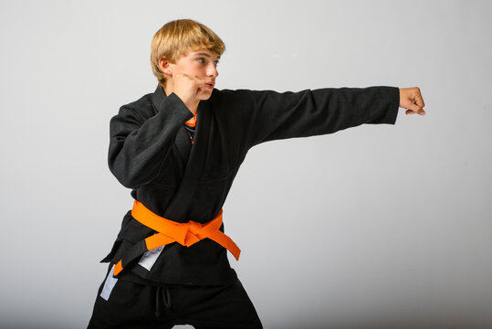 Fit athletic teen practicing martial arts techniques