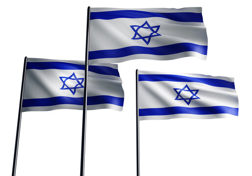 National flags of Israel. Patriotic symbols with star of David. Jewish flags on flagpoles. Three state banners of Israel. State flags sway in wind. Israel banners isolated on white. 3d image