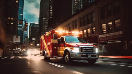 Ambulance driving on the highway with cityscape in the background
