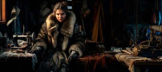 Fototapeta na wymiar A Female Furrier from Russia Weaves Elegance into Every Stitch