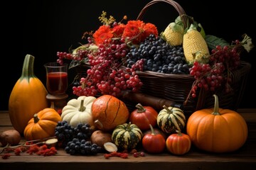 An artistic representation of a Thanksgiving cornucopia overflowing with seasonal fruits, vegetables, and gourds, showcasing the abundance and harvest spirit of the holiday - obrazy, fototapety, plakaty