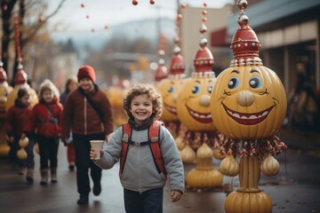 An enchanting image of a Thanksgiving Day parade in a small town, with colorful floats, marching bands, and children waving from the crowd, capturing the charming and community-focused celebrations of - obrazy, fototapety, plakaty