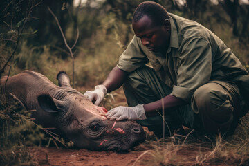Medical Expertise in the Wild:  Kenyan Veterinarian Caring for a Rhino in the Jungle - obrazy, fototapety, plakaty