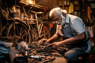 Mastering the Craft: An Expert Indian Bicycle Repairman Skillfully Tends to Two-Wheelers in His Workshop
