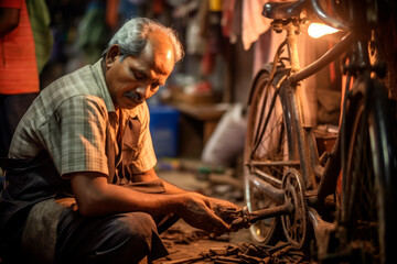 Obraz na płótnie Canvas Mastering the Craft: An Expert Indian Bicycle Repairman Skillfully Tends to Two-Wheelers in His Workshop 