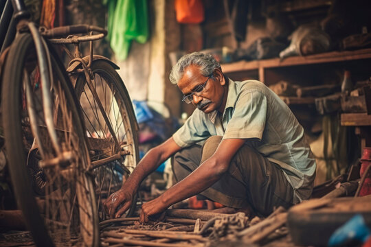 Mastering the Craft: An Expert Indian Bicycle Repairman Skillfully Tends to Two-Wheelers in His Workshop
