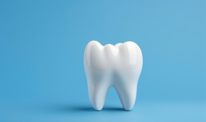 Banner with healthy tooth. Dental model of premolar tooth isolated on blue background. Whitening tooth and dental health. Concept of dental examination teeth and hygiene