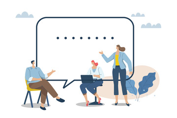 Organizational communication between co-workers, Managers and teams. Productive conversation or discussion in the workplace, Communication concepts, Having fun discussions at work. Vector illustration - obrazy, fototapety, plakaty