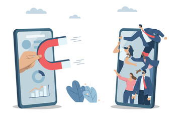 Marketing materials find new customers and campaigns that attract new customers. Important marketing and advertising concepts on social media. Big hand holding a magnet from a smartphone.