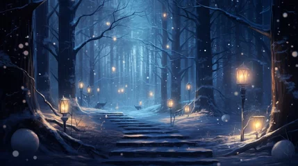 Foto op Plexiglas Tranquil snowy forest with a candlelit trail, where the soft light of lanterns illuminates the way through a quiet and enchanting winter woodland. © Nasreen