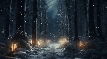 Tranquil snowy forest with a candlelit trail, where the soft light of lanterns illuminates the way through a quiet and enchanting winter woodland.
