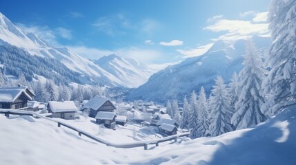 Fototapeta na wymiar Tranquil snowy rooftops of a mountain village, with ski tracks winding through the snow, creating a picturesque winter panorama.