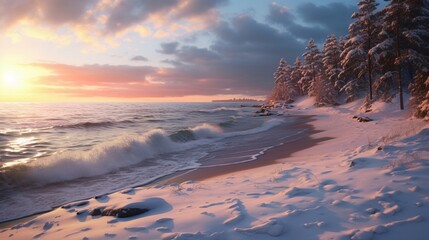 Tranquil winter beach illuminated by the last light of the setting sun, waves gently lapping against the snow-covered shore.