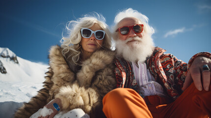 Winter Bliss, Senior Couple Embracing the Essence of a Ski Resort Getaway