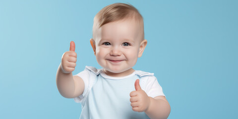 Adorable baby toddler showing thumb up. Pale blue background with copy space - obrazy, fototapety, plakaty
