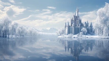 Tranquil winter castle lake, with the castle's reflection shimmering on the icy surface, and snow-covered trees creating a fairy-tale-like winter scene.