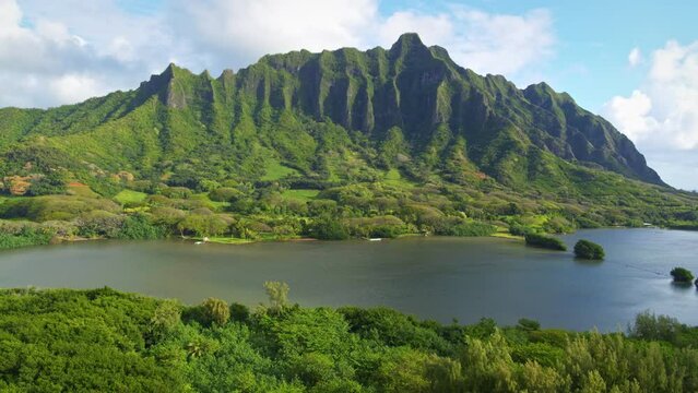 Epic View Of Hawaii's Kaaawa Valley - Drone Shot