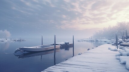 Tranquil winter dock on a frozen lake, with snow-covered boats gently rocking in the stillness, creating a serene and contemplative scene.