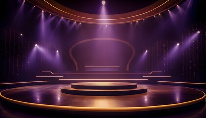 Glamorous stage full of spotlights podium platform, realistic 3d product display backdrop, AI...