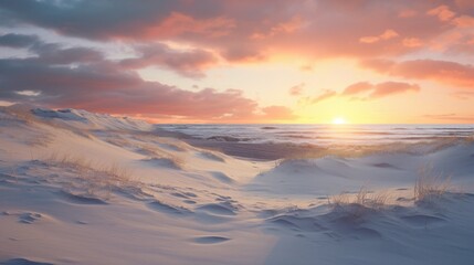 Fototapeta na wymiar Tranquil winter dunes at sunset, the last rays of the sun casting a warm glow on the snow-covered sandy landscape.