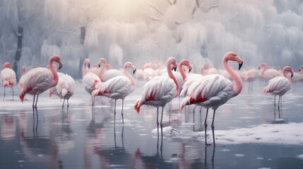 Tranquil winter flamingos gathered by a frozen lake, their pink plumage creating a striking contrast against the snowy backdrop, as they gracefully rest in the serene winter scene. - obrazy, fototapety, plakaty