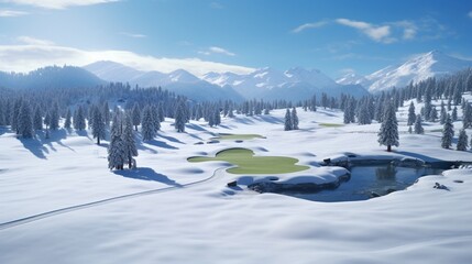 a unique blend of golf course against the backdrop of a serene snowy landscape. - obrazy, fototapety, plakaty