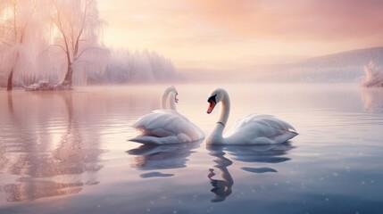 Tranquil winter lake with a pair of swans gracefully gliding on the frozen water. - obrazy, fototapety, plakaty