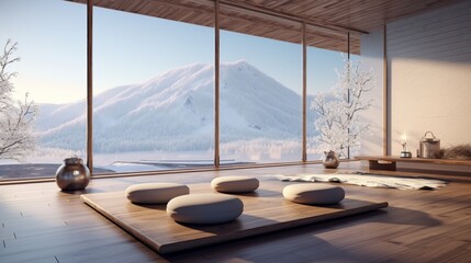 Tranquil winter meditation area within a ski resort, with snow-covered yoga platforms