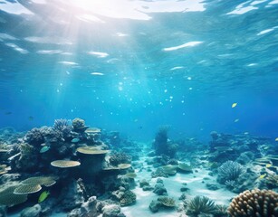 Naklejka na ściany i meble World ocean wildlife landscape, sunlight through water surface with coral reef on the ocean floor, natural scene. Abstract underwater background