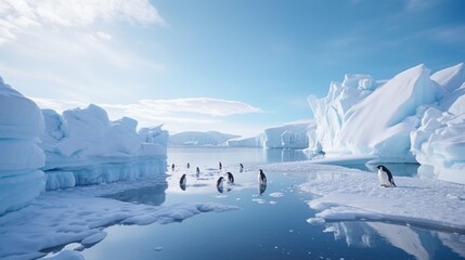 Winter penguins on a snow-covered Antarctic shore.