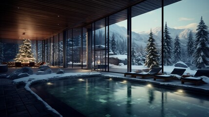 Tranquil winter spa and wellness center nestled within a ski resort, where visitors relax in outdoor hot tubs.