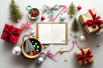 Christmas flatlay with fir branches and gifts on a light background. AI-generative