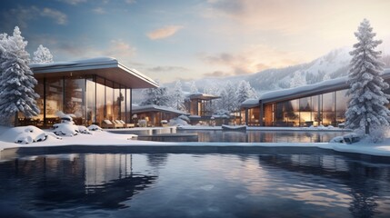 Obraz premium Tranquil winter spa and wellness center nestled within a ski resort, where visitors relax in outdoor hot tubs, surrounded by snow-covered trees and the distant hum of skiers enjoying the slopes.