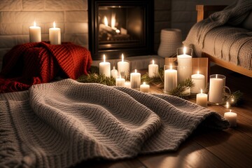 Christmas interior decoration with woolen blanket and lit candles. AI-generated.