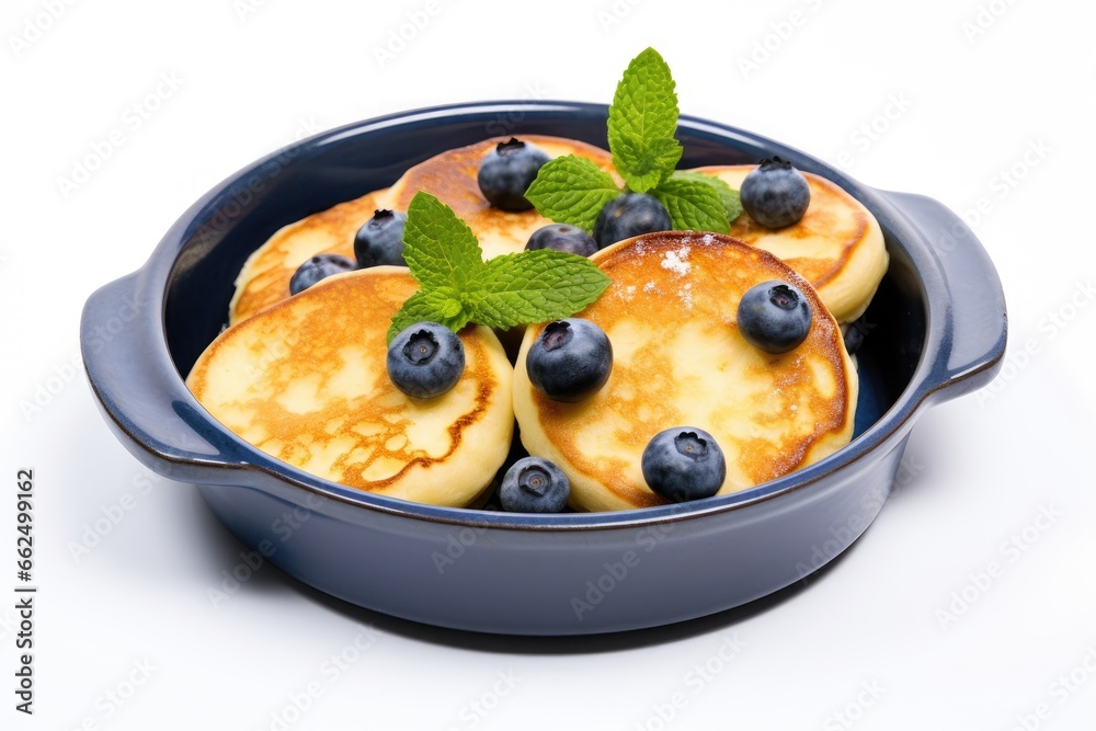 Sticker Blueberry and mint pancakes cooked in a small pan set against a white background Morning meal