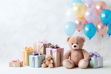 Birthday party supplies for an infant celebration on a white wall