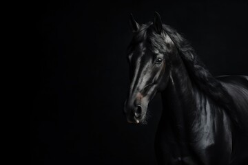 Black Arabian horse portrait on dark background