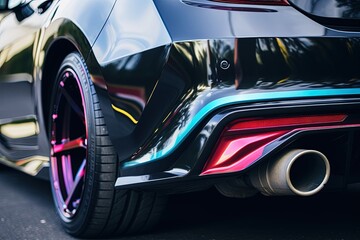 Black car with a titanium exhaust tip that changes colors like a chameleon