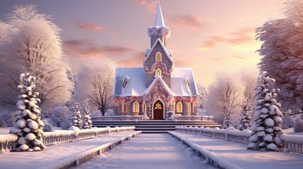 Tranquil winter wonderland church, surrounded by snow-covered grounds and adorned with holiday lights, creating a scene of peace and enchantment in the heart of winter.