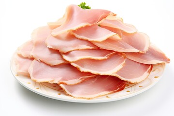 Boiled ham slices photographed on white background