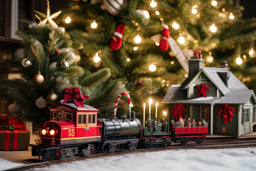 Christmas train toy. AI-generative