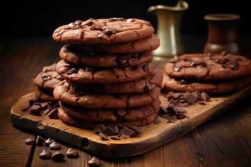 Chocolate chip cookies displayed on a wooden table