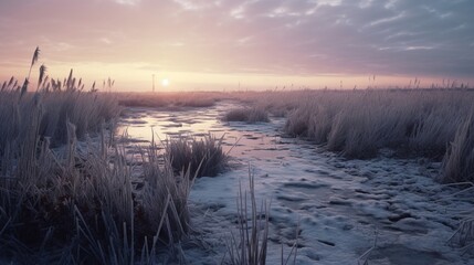a frozen marshland, with delicate ice crystals forming on reeds.